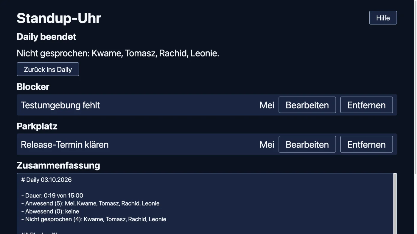 Summary screen of the standup timer