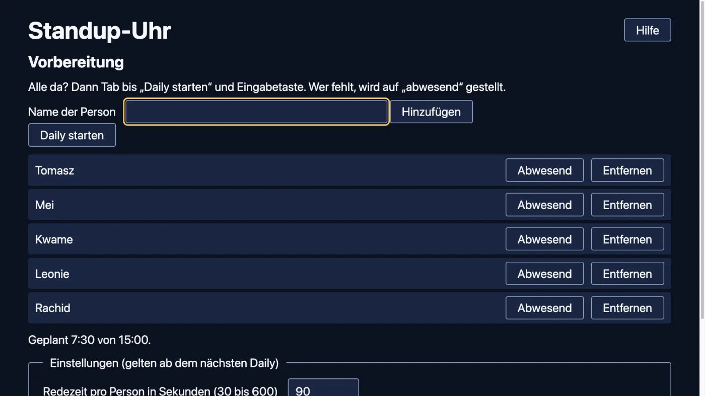 Setup screen of the standup timer