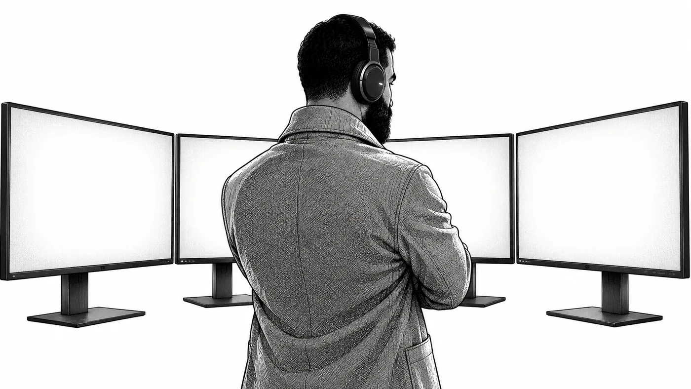 Rachid in front of four displays, headphones on