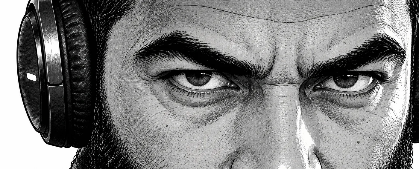 Close-up of Rachid, staring into the dark