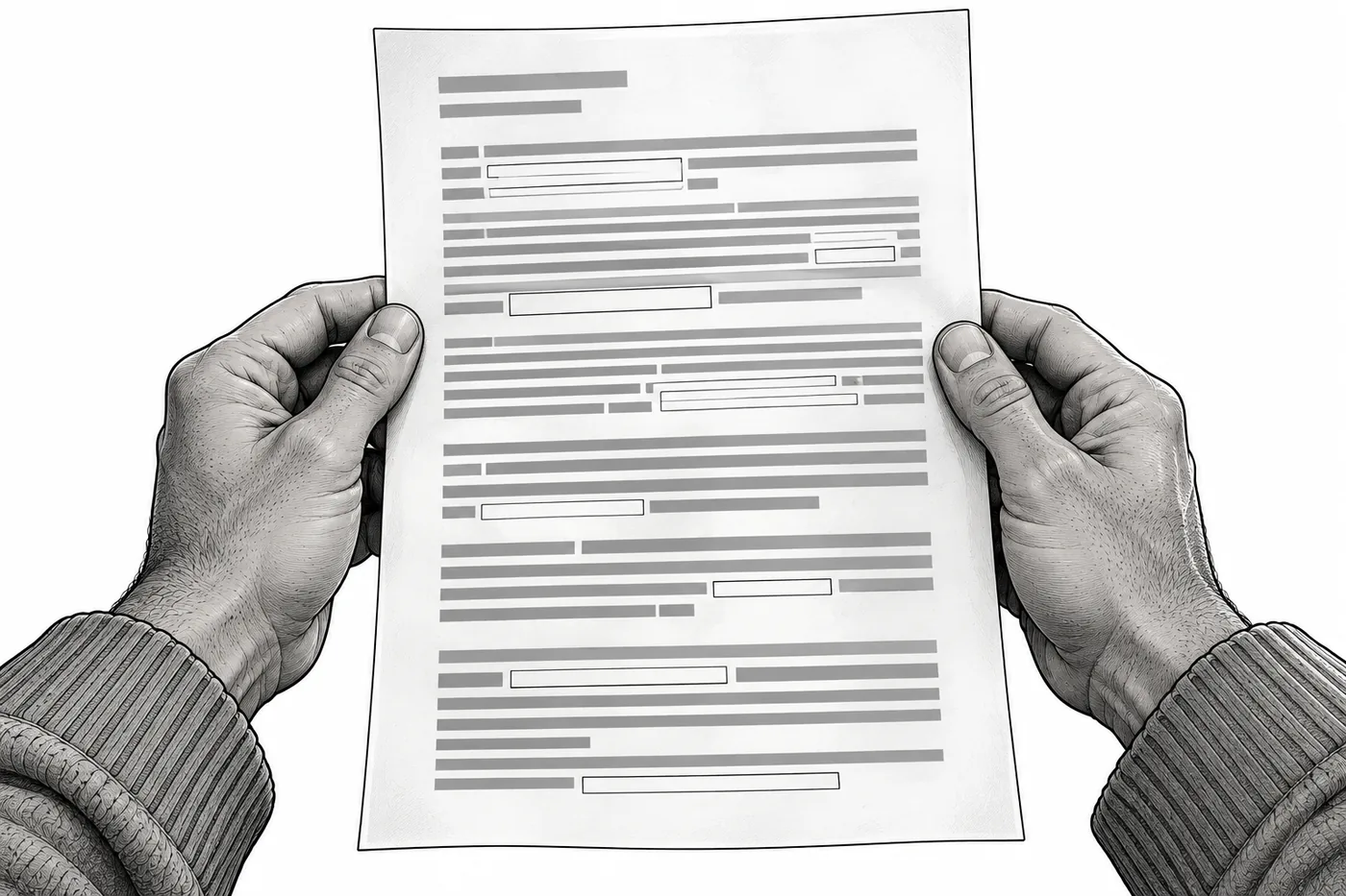 Hands holding a contract full of blank spaces