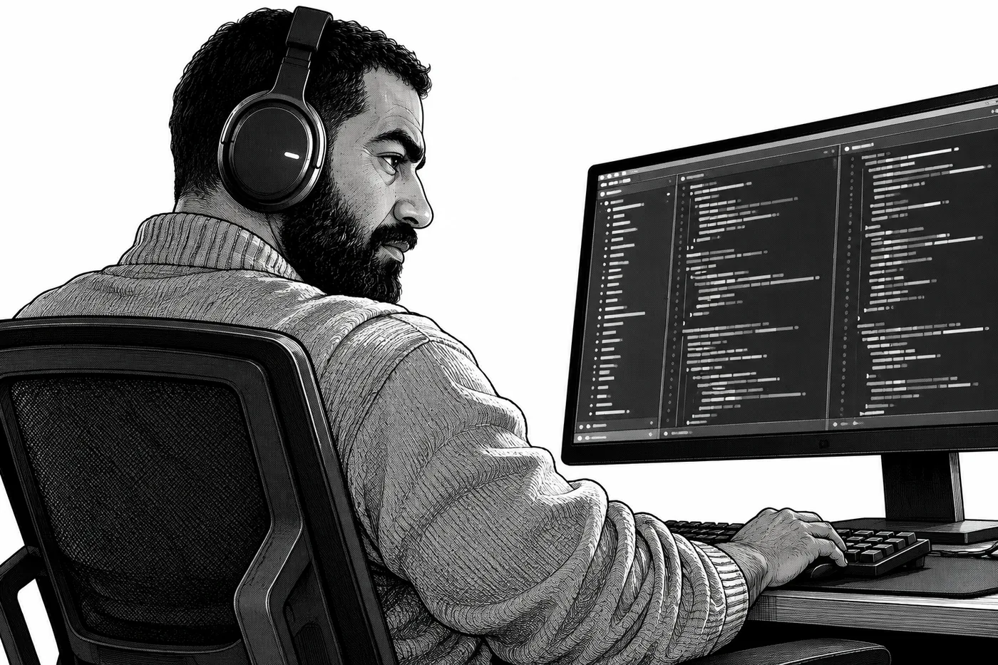 Rachid at his desk, late at night, an agent reporting success on screen